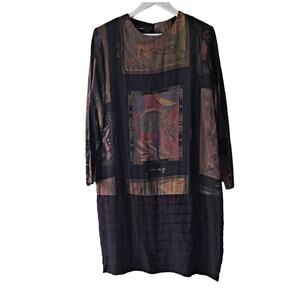Just in Thyme Vintage Black Multicolored Abstract goth dress w Hem Pleats - 14